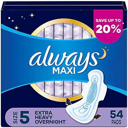 Always Always Maxi Extra Heavy Overnight Pads with Flex-Wings, Unscented, Size 5, 54 ct.