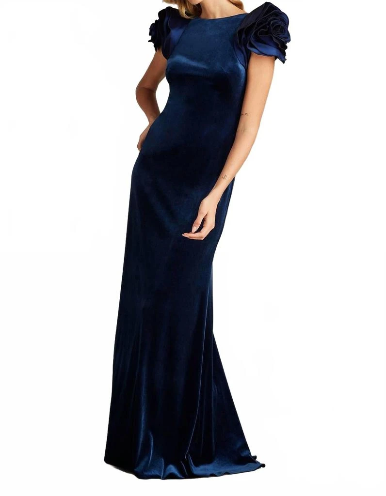 Tadashi Shoji Maylee Rosette Shoulder Velvet Gown In Navy 4