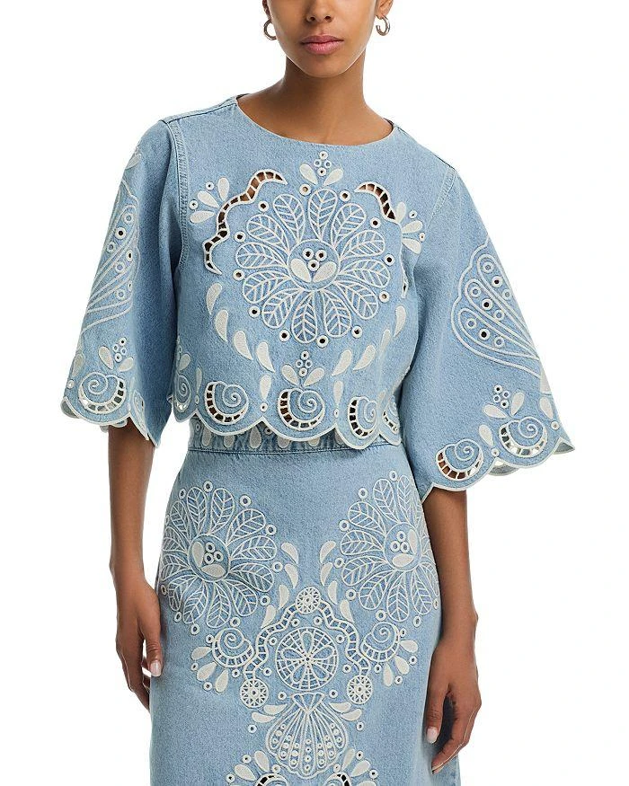 Farm Rio Cropped Denim Embroidered top