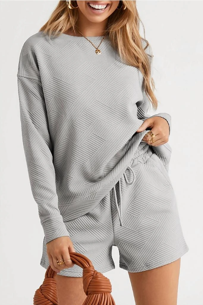 LiveFashionWay Long Sleeve Top And Drawstring Shorts Set In Grey