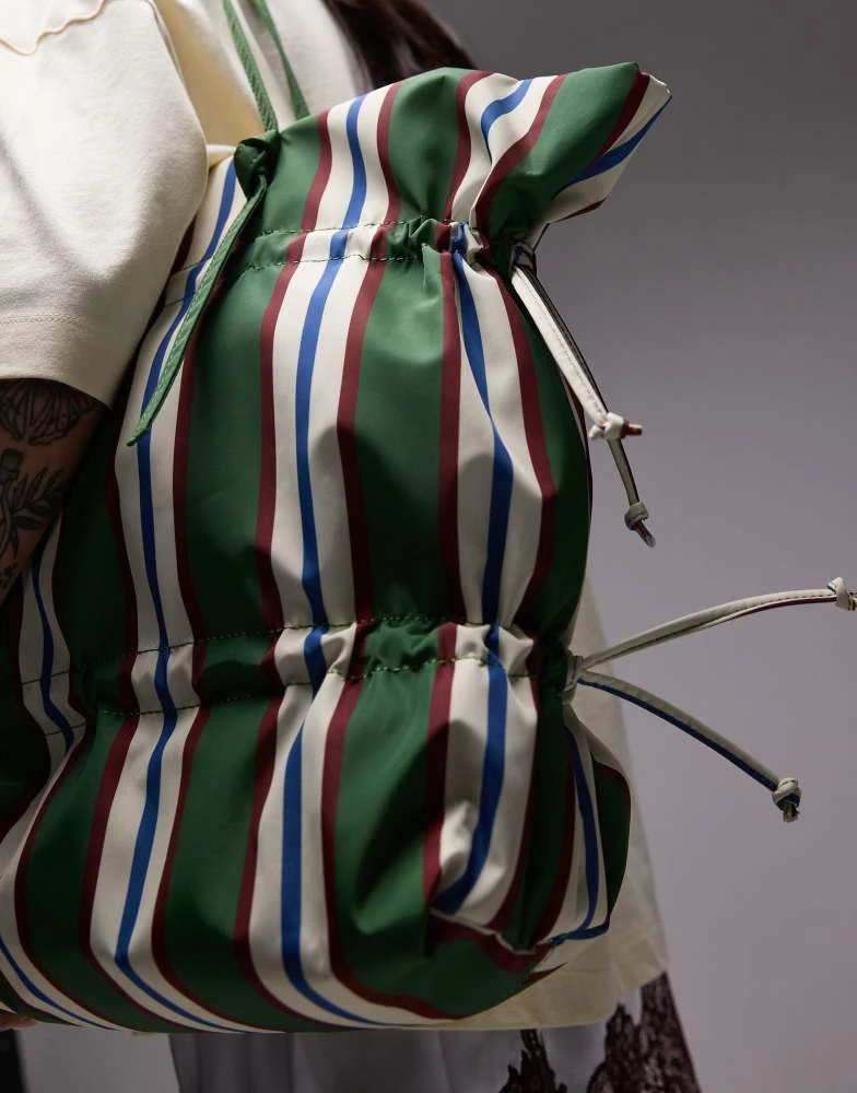 Topshop Topshop Tino nylon ruched tote bag in green stripe 3