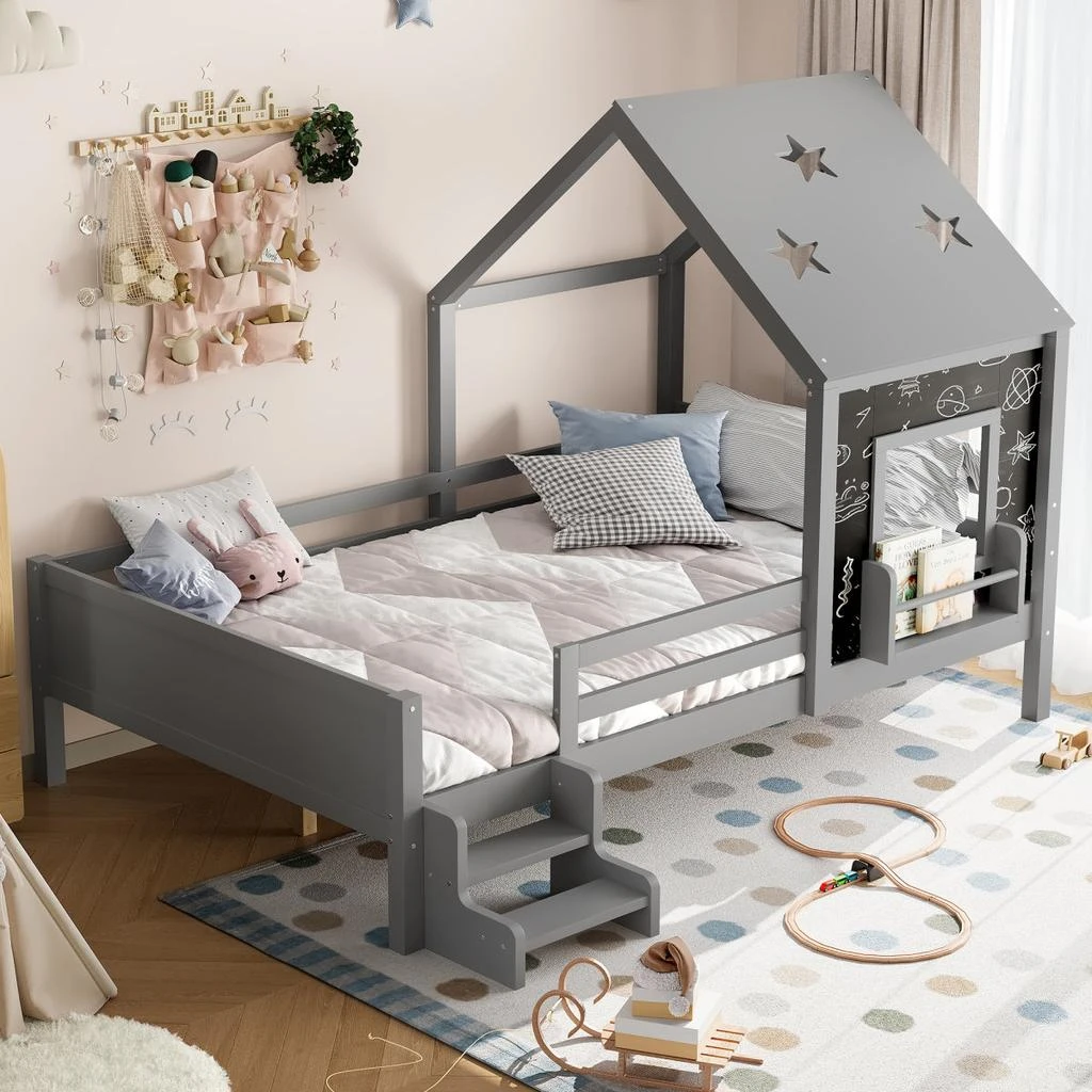 Streamdale Furniture Streamdale Full House Beds with Low-Profile Stairs, Window, Bookcase, Blackboard, Star Roof, Gray