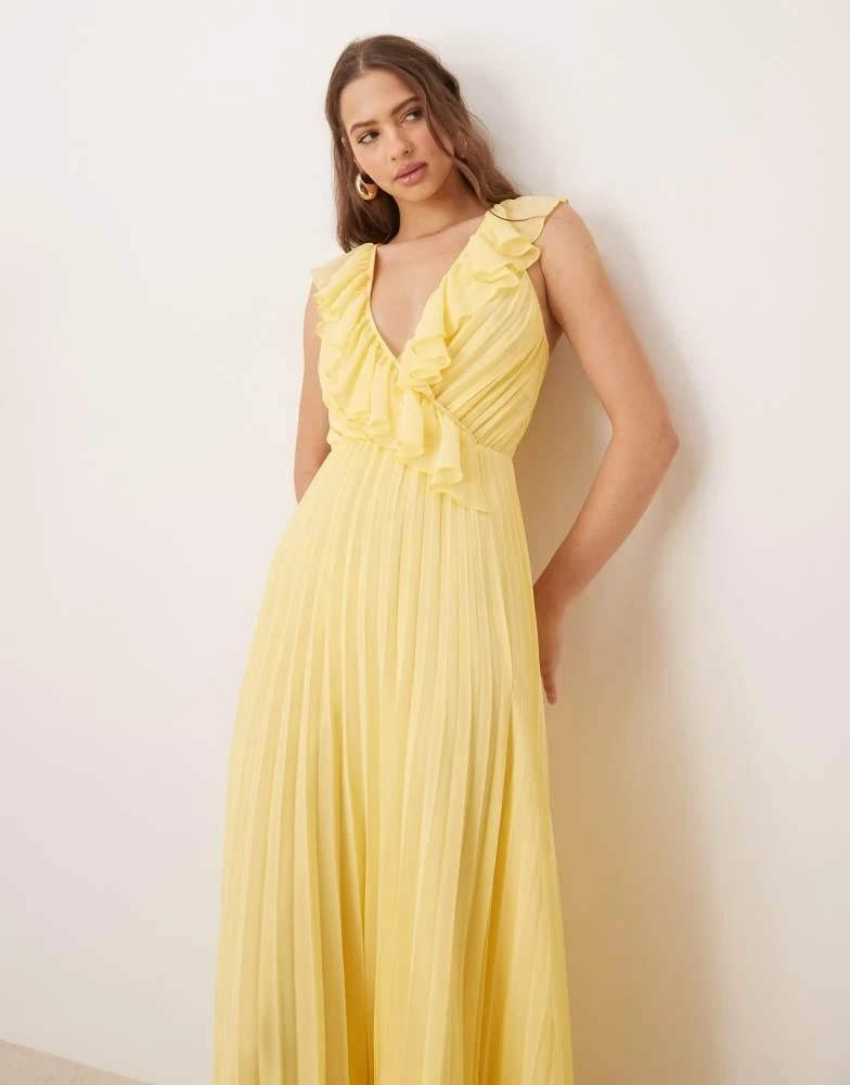ASOS ASOS DESIGN frill wrap detail pleated midi dress in lemon yellow 2