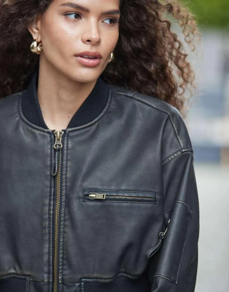 ASOS ASOS DESIGN washed cropped leather look bomber jacket in black 2