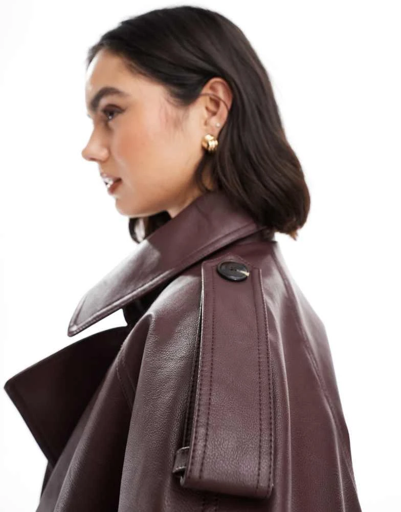 ASOS ASOS DESIGN leather look bomber trench coat in chocolate 3