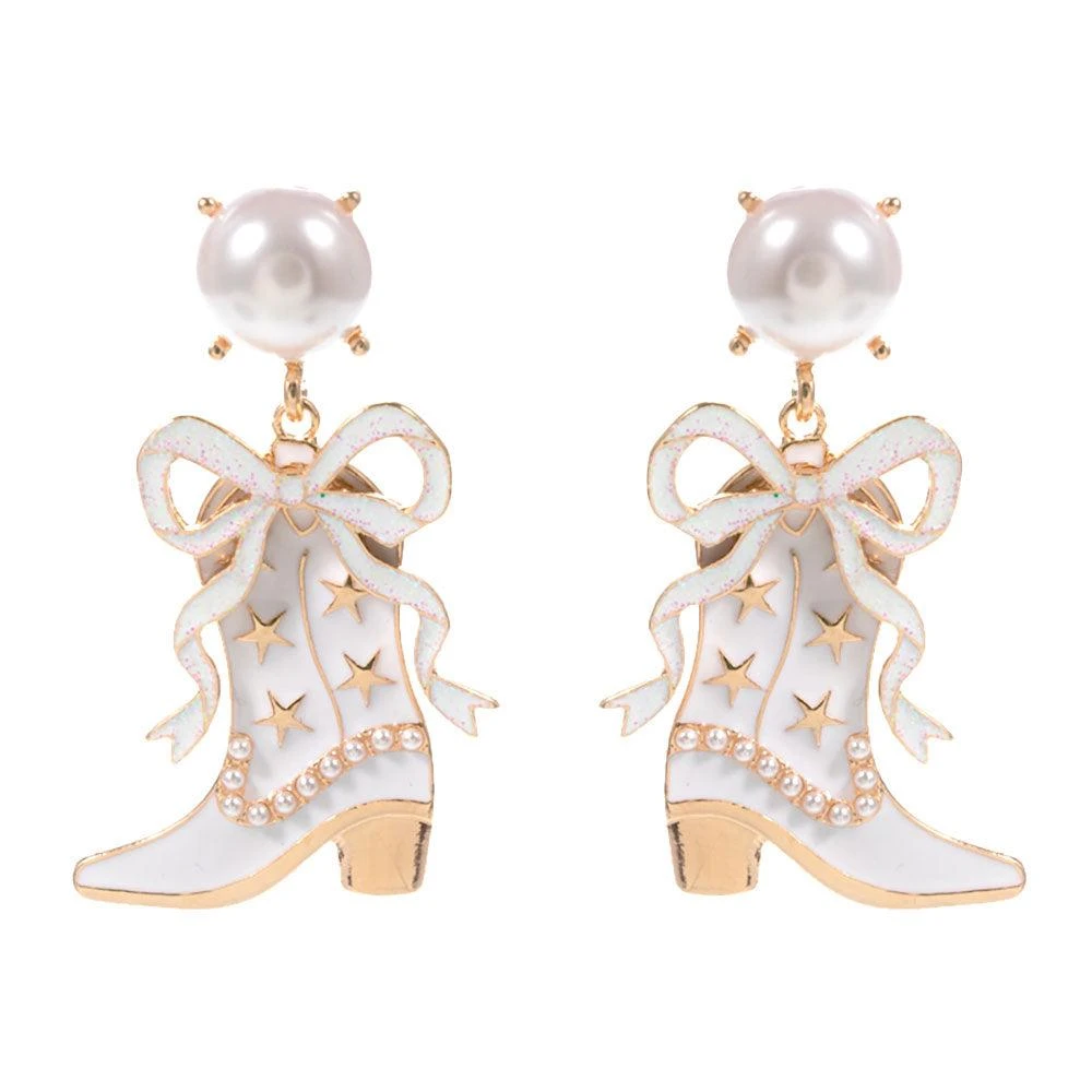 FASHNZFAB Pearl Bow Accent Bride Cowboy Boot Drop Dangle Earrings 2
