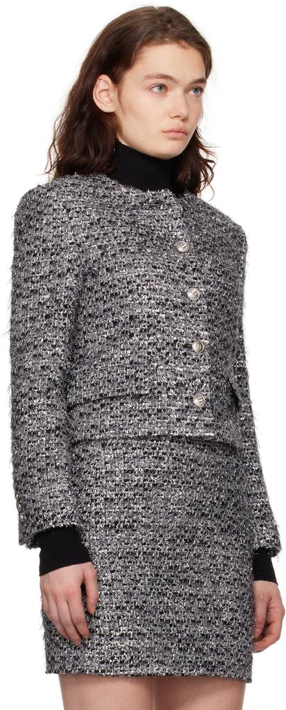 Juun.J Gray Round Neck Crop Tweed Jacket