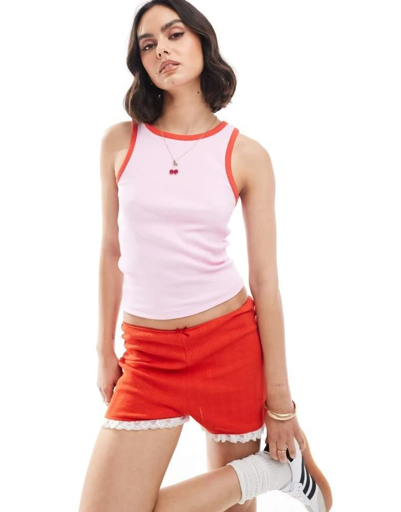 Pieces Pieces contrast trim tank vest top in pink and red 1