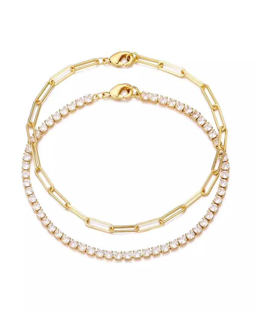 ADORNIA Gold Tennis and Paperclip Chain Bracelet Set