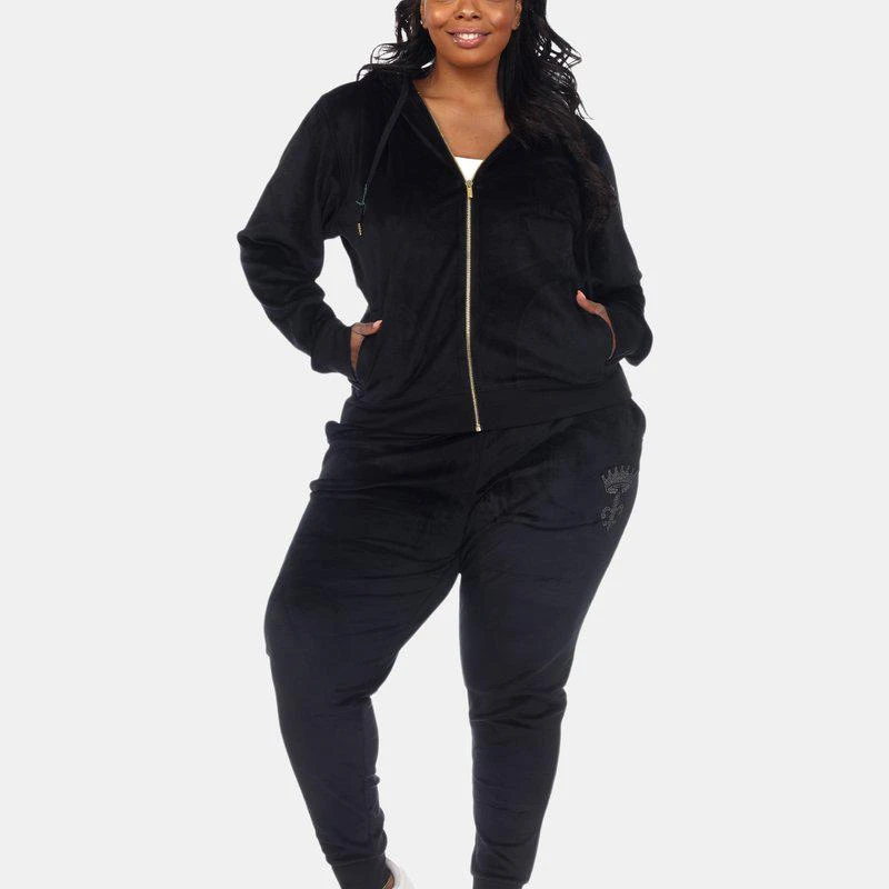 White Mark Plus Size Rhinestone 2 Piece Velour Tracksuit Set 1