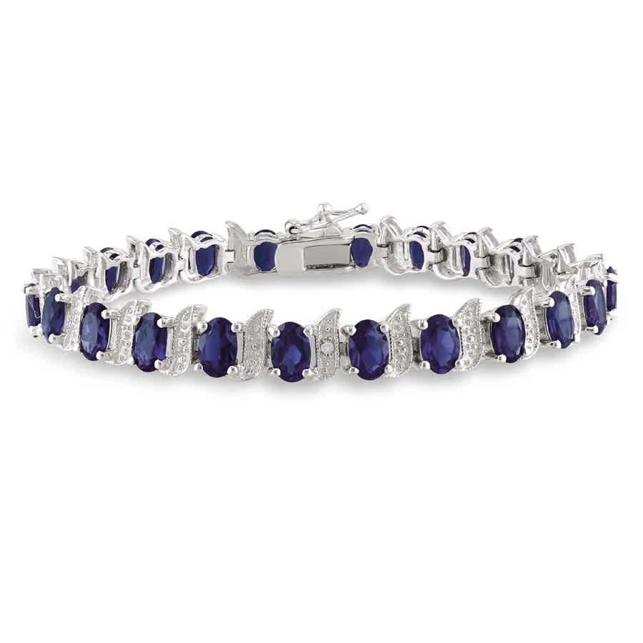 Amour 13 1/5 CT TGW Created Blue Sapphire and Diamond S-link Bracelet In Sterling Silver