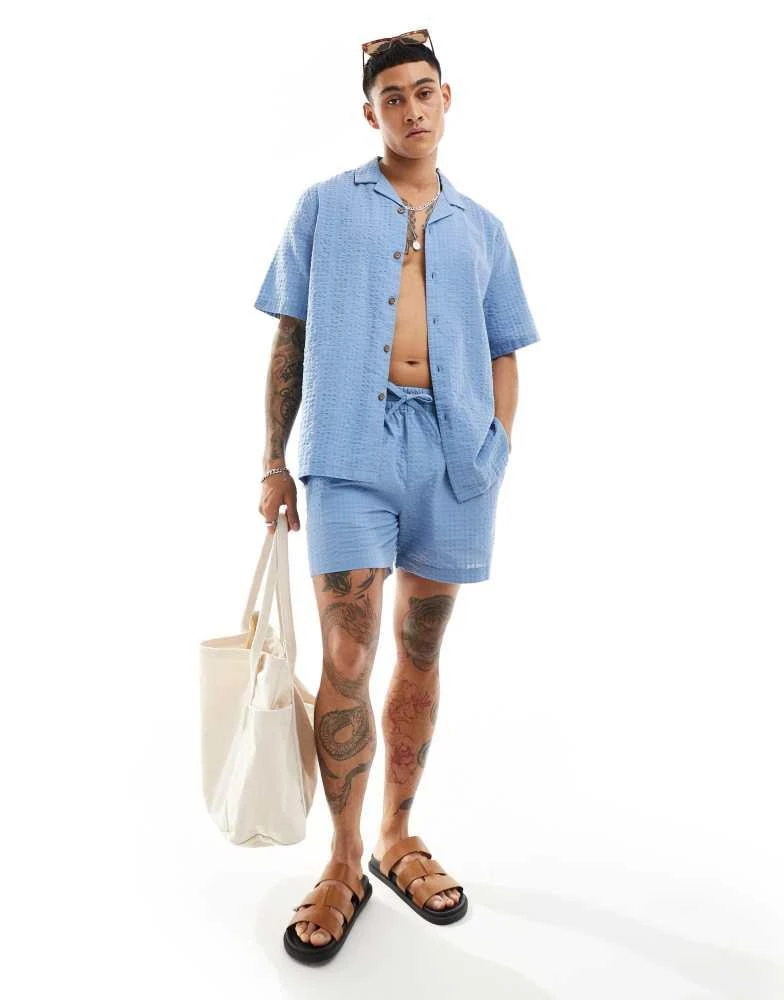 ASOS ASOS DESIGN co-ord 90s oversized short sleeve shirt in seersucker texture in dusty blue 3