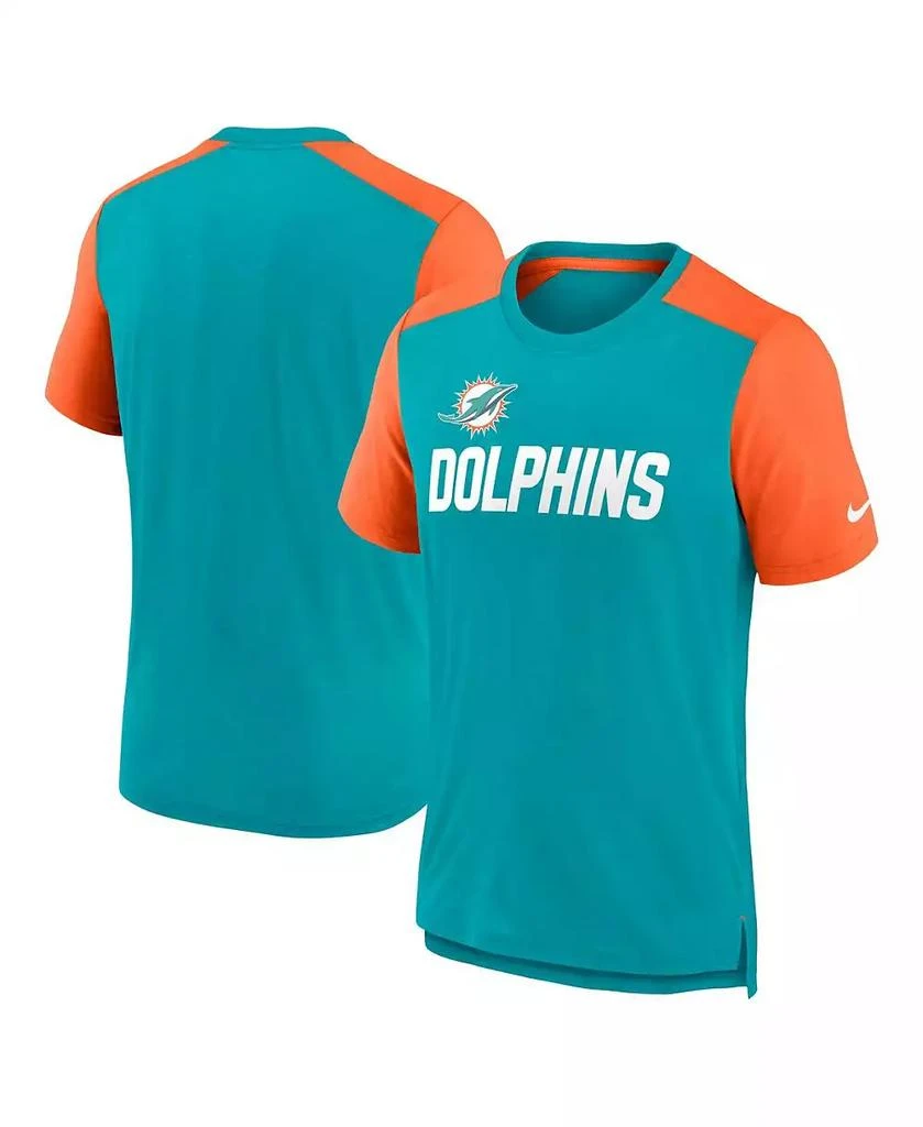 NIKE Men's Heathered Aqua, Heathered Orange Miami Dolphins Color Block Team Name T-shirt 1