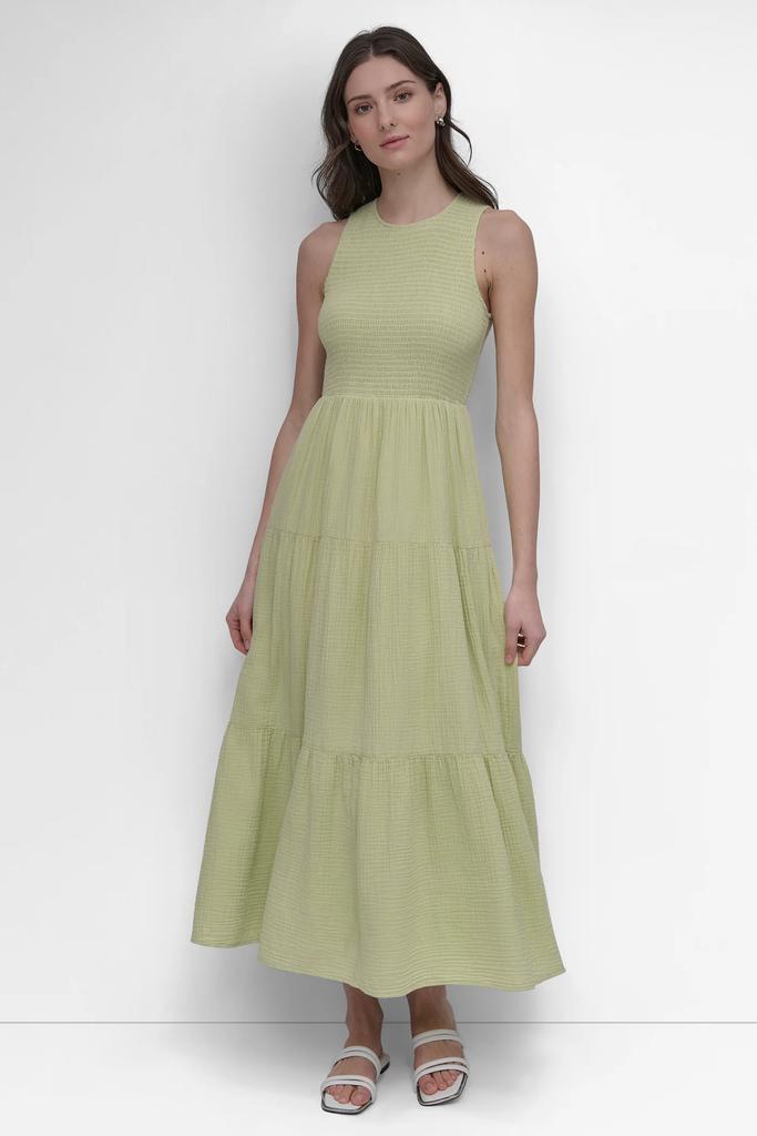DKNY GAUZE TIERED SMOCKED DRESS