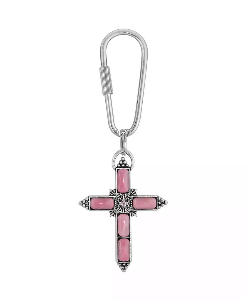 2028 Silver-Tone Pink Moonstone Pink Crystal Cross Key Chain