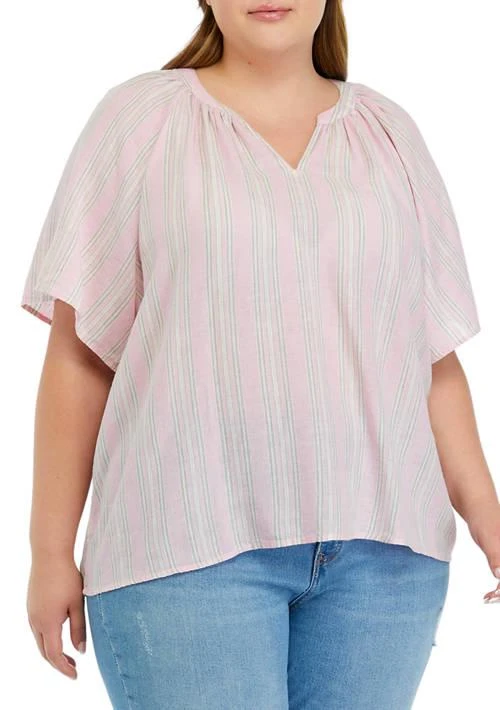Wonderly Plus Size Shirred Split Neck Yarn Dyed Top 1