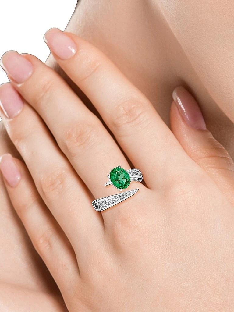HUEB 18K White Gold, Emerald & 0.358 TCW Diamond Bypass Ring 2