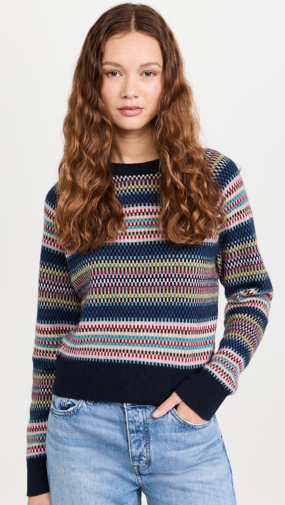 White + Warren Cashmere Striped Multi Check Sweatshirt