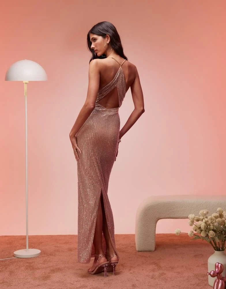 sequin dress long sleeve gold Kaya- Rose Gold Sequin Dress with Long Sleeve and Side Slit XL main image 1