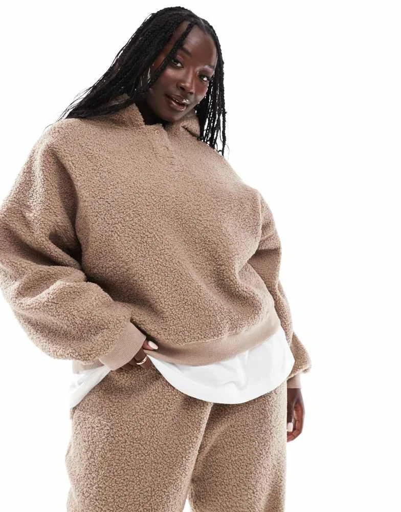 ASOS ASOS DESIGN Curve lounge borg oversized hoodie & jogger set in taupe 3
