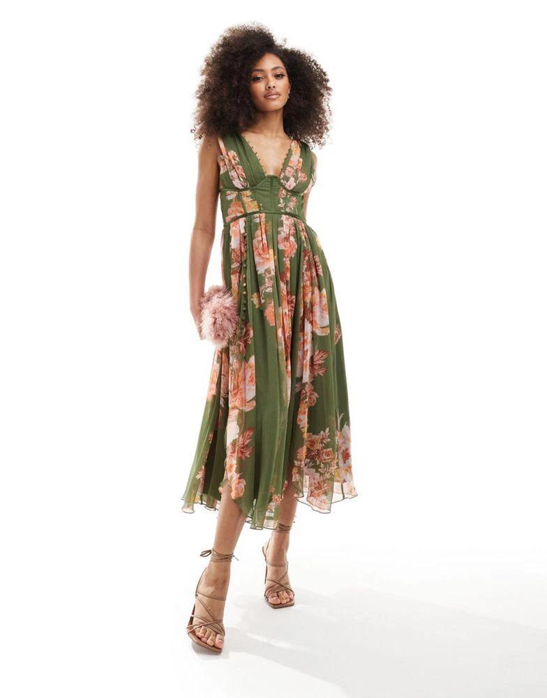 ASOS ASOS DESIGN corset plunge pleated midi dress with button detail in green floral print 4