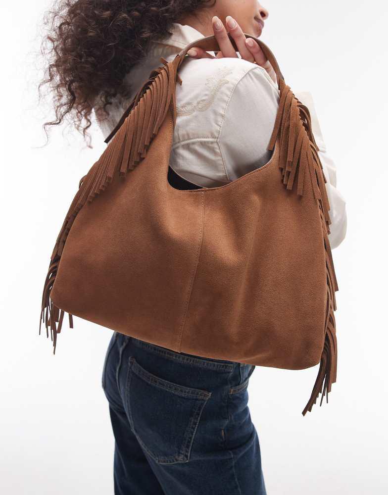 & Other Stories & Other Stories slouchy suede leather fringe shoulder bag in brown