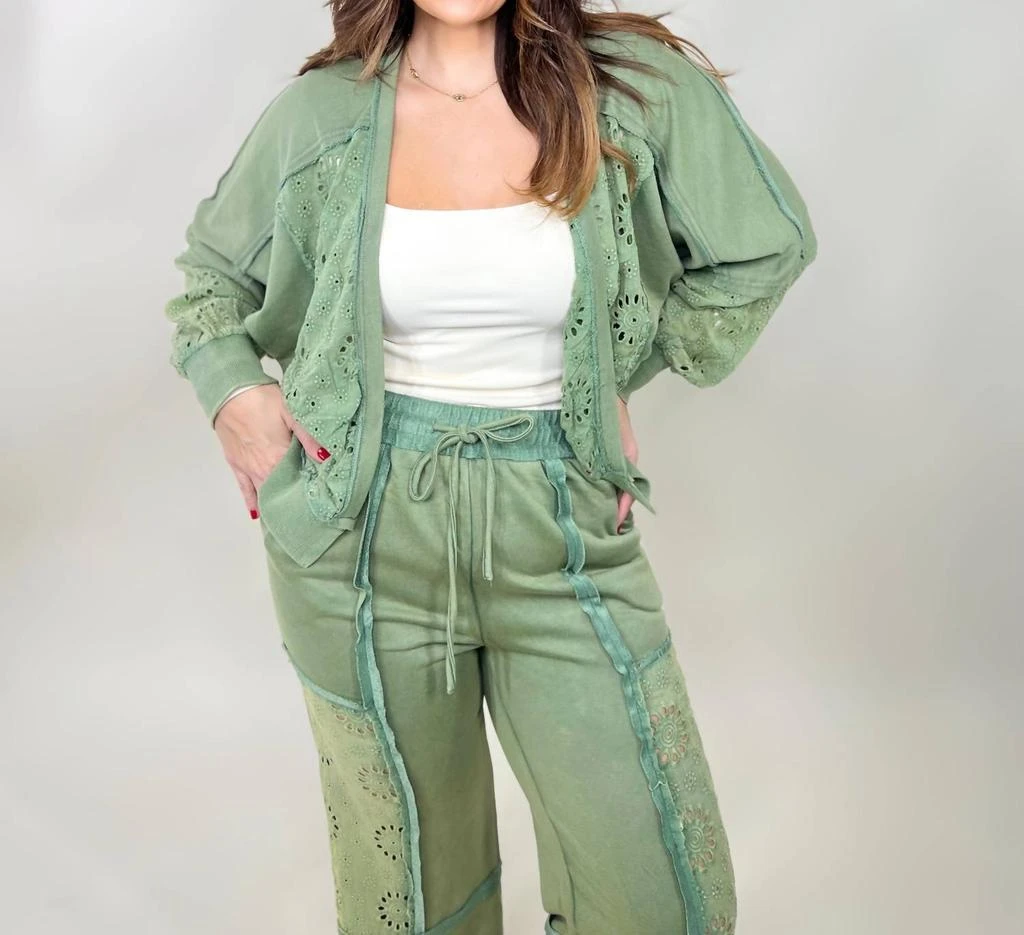 Oddi Washed Lace Trim Cardigan In Green 1