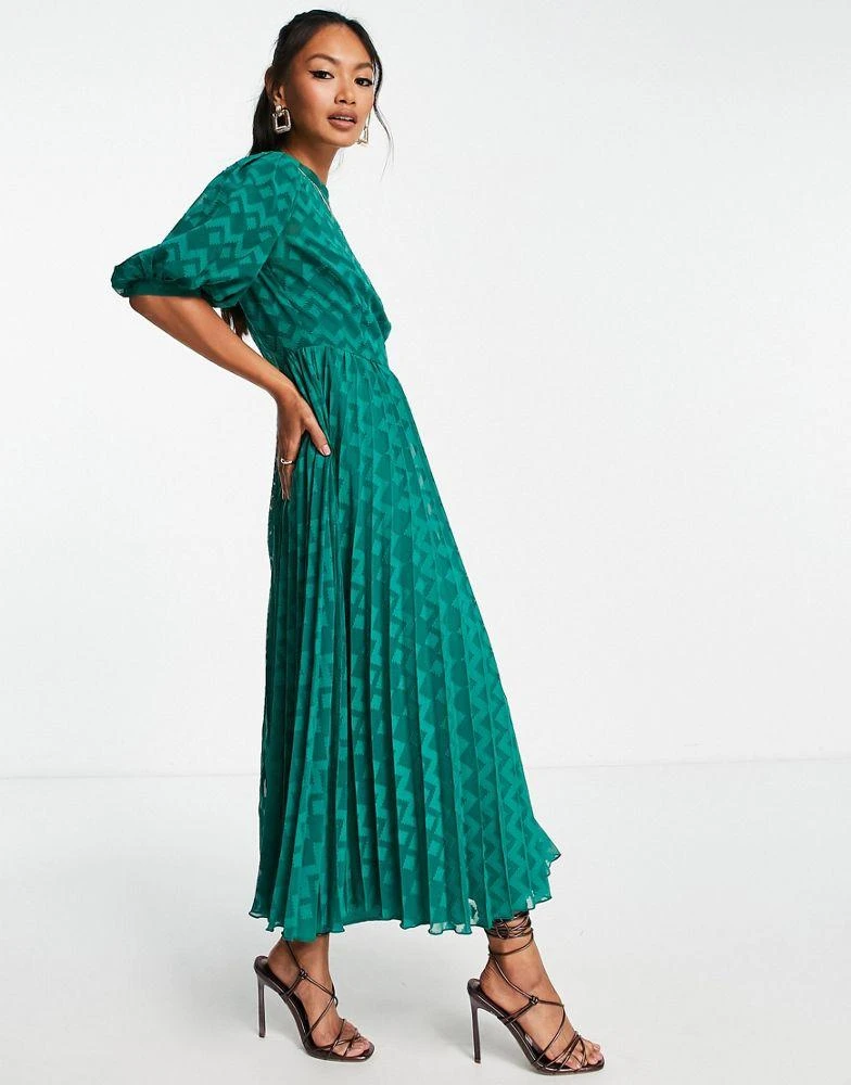 ASOS DESIGN ASOS DESIGN high neck pleated chevron dobby midi dress with puff sleeve in forest green 1