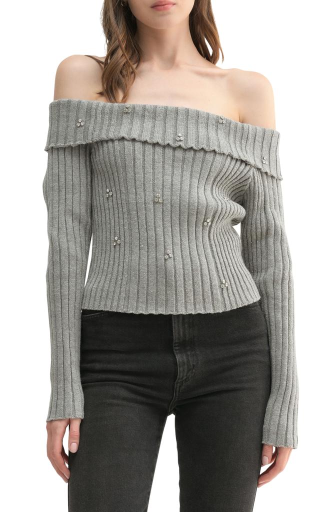ALL IN FAVOR Rhinestone Off the Shoulder Rib Sweater