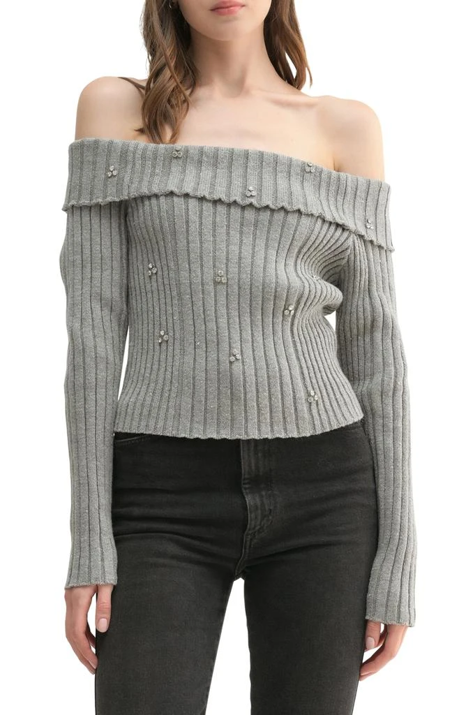 ALL IN FAVOR Rhinestone Off the Shoulder Rib Sweater 1
