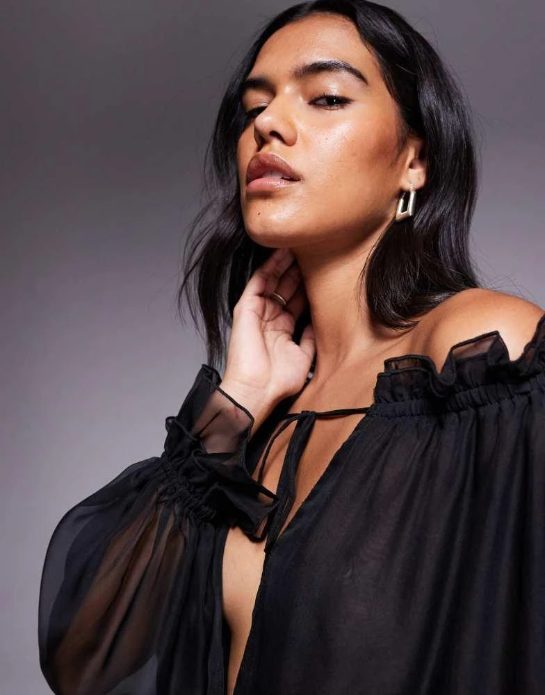 I.AM.GIA I.AM.GIA Jazmin georgette chiffon bardot plunge tie detail dropped waist playsuit in black 3