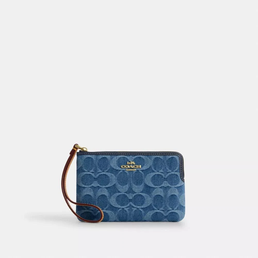 Coach Corner Zip Wristlet In Signature Denim