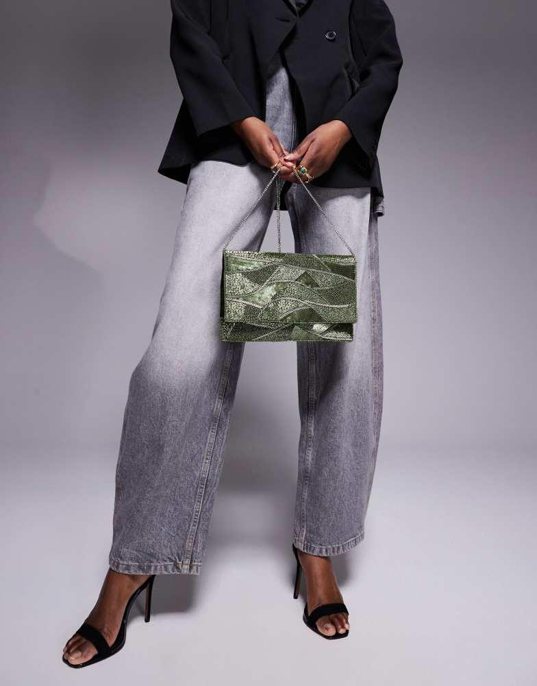 True Decadence True Decadence sequin pattern envelope clutch bag in green