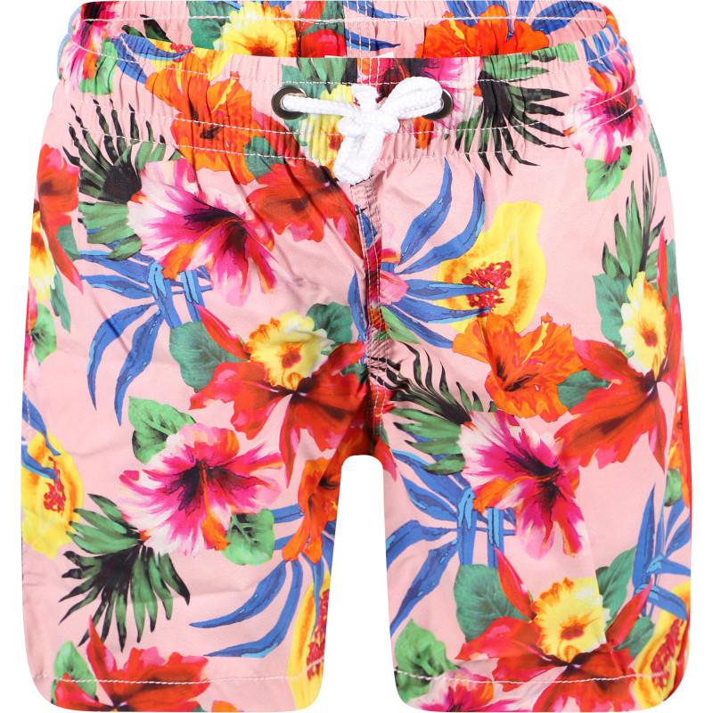 BANANA MOON Tropical flowers and palm leaves drawstring swimming trunks set in pink and black