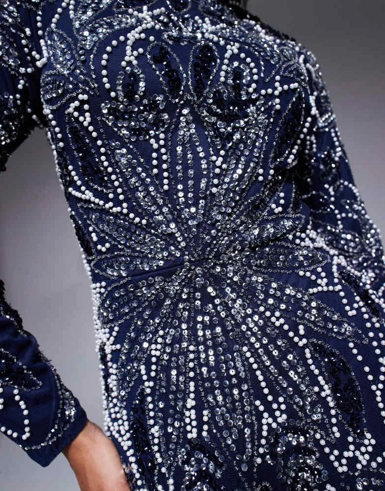 Beauut Beauut Safa embellished long sleeve maxi dress in navy 3