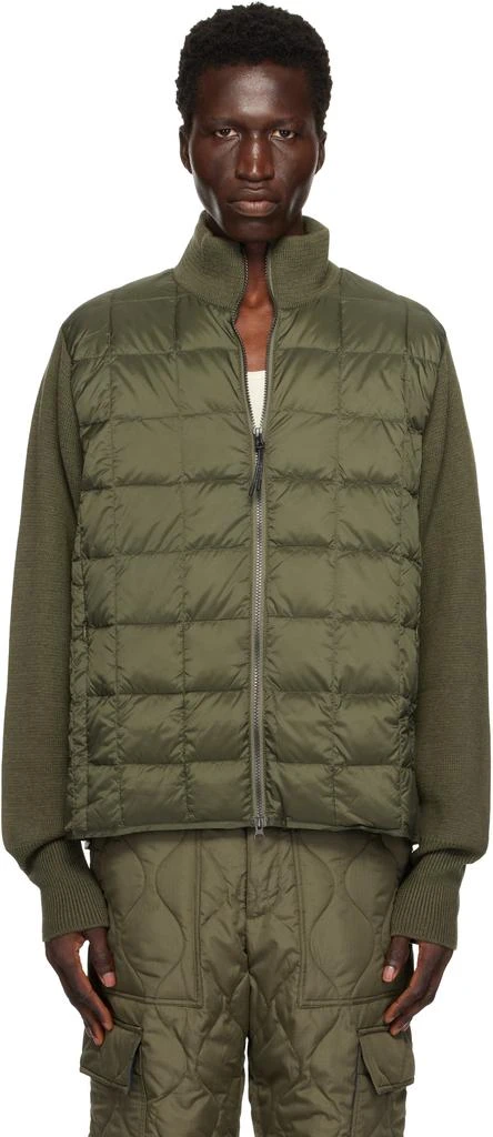 Taion Khaki Basic High Neck W Zip Knit Sleeve Down Jacket 1