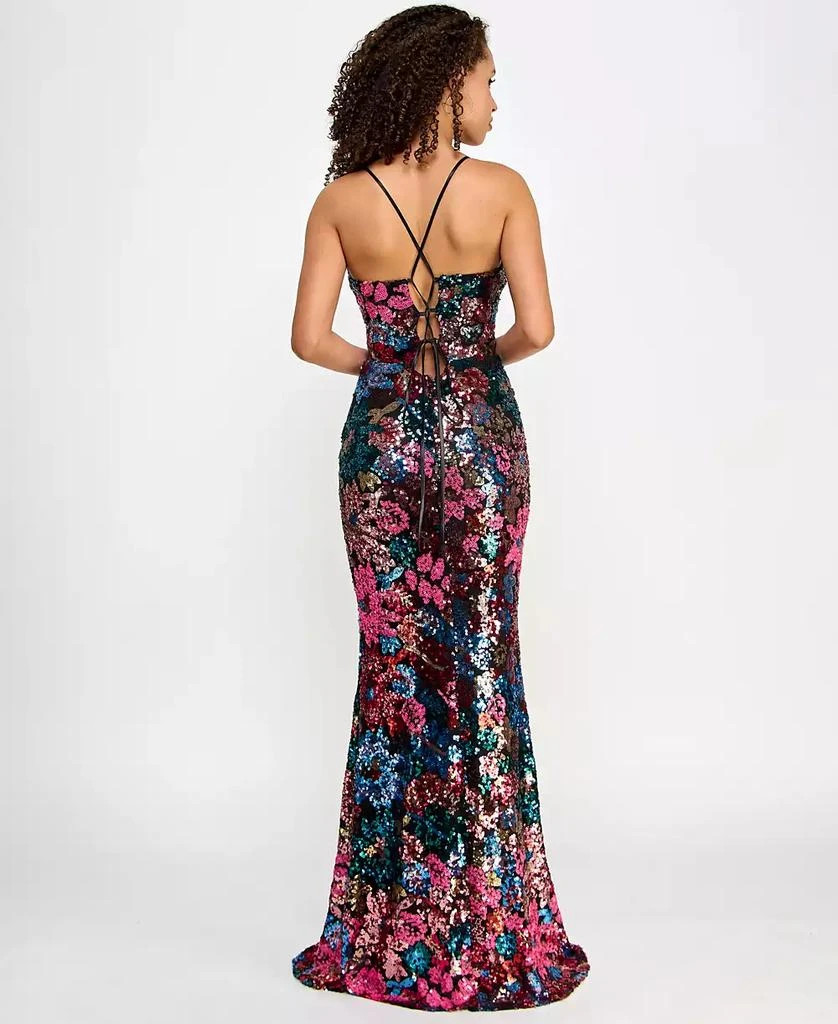 Crystal Doll Juniors' V-Neck Floral-Sequin Lace-Up-Back Gown 2