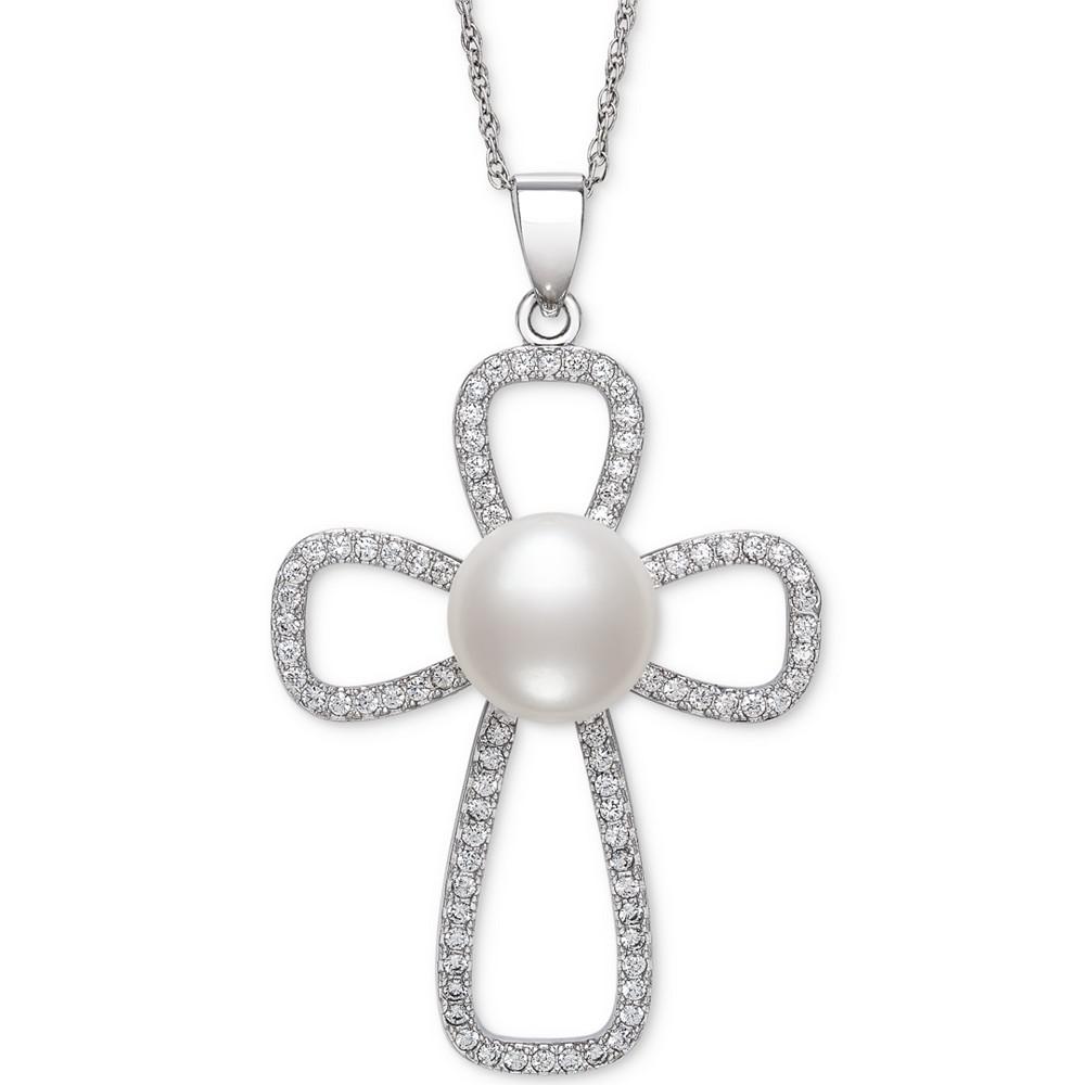 Belle de Mer Cultured Freshwater Button Pearl (10mm) & Cubic Zirconia Cross 18" Pendant Necklace in Sterling Silver