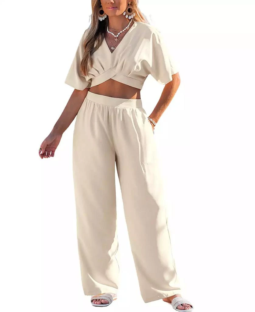 Cupshe Women
s Short Sleeve Crop Top 
Wide-Leg Pants Matching Set
