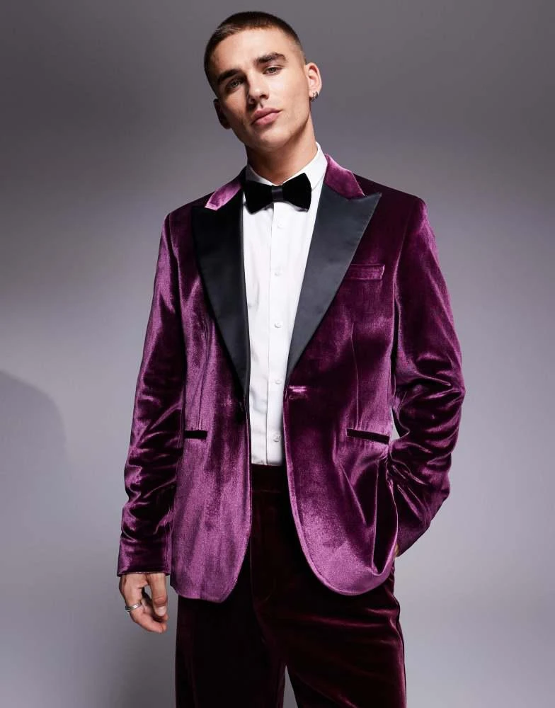 ASOS ASOS DESIGN slim velvet tuxedo blazer in burgundy 1