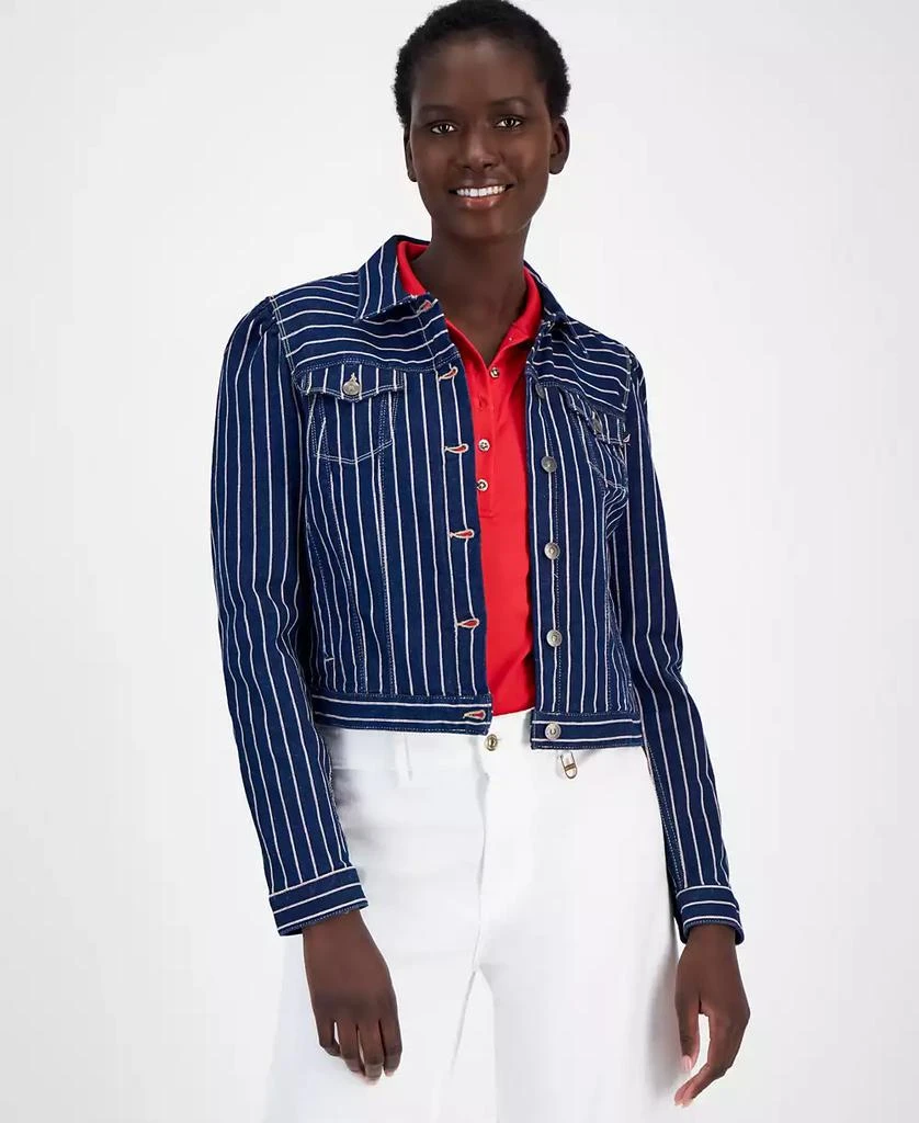 Nautica Jeans Women's Striped Denim Puff-Shoulder Jacket 1