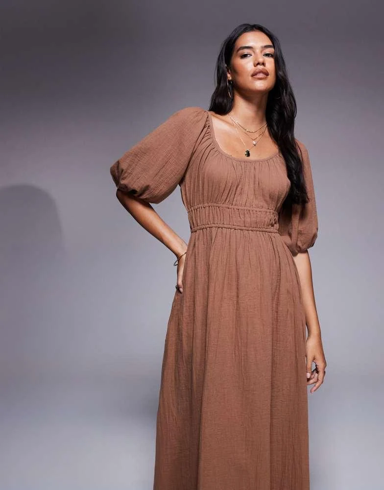 River Island puff sleeve linen look midi dress in stone  On Sale Now with  Up to 31% Off | Discover Exclusive Deals & Savings at BeyondStyle   Authentic River Island Home|women