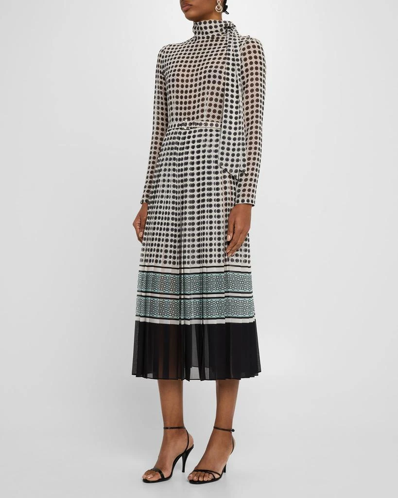 Monique Lhuillier Scarf-Neck Pleated Midi Day Dress With Belt 2