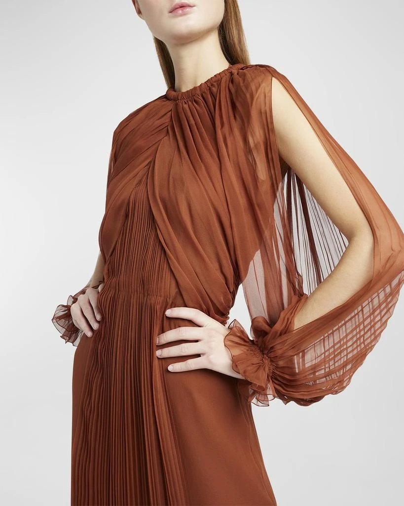 Alberta Ferretti Pleated Drape Long-Sleeve Organic Chiffon Gown 7