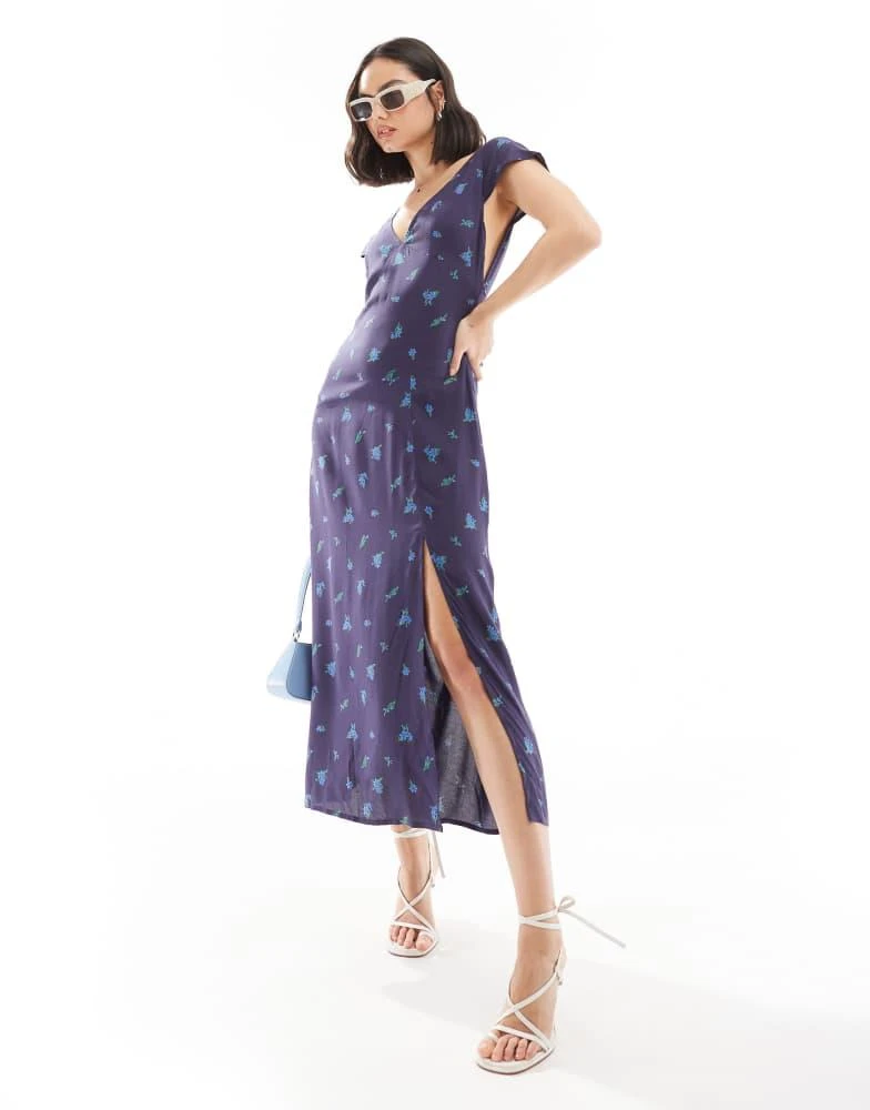 ASOS ASOS DESIGN v neck flutter sleeve midi tea dress in navy ditsy floral print 2