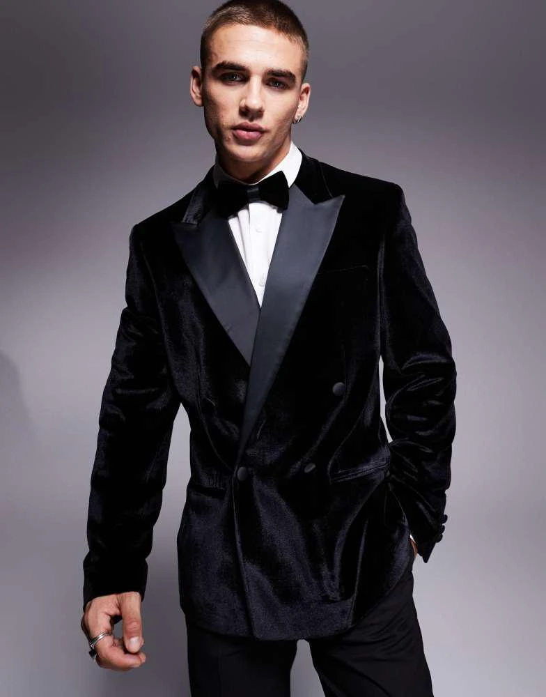 ASOS ASOS DESIGN slim double breasted tuxedo jacket in black velvet 1