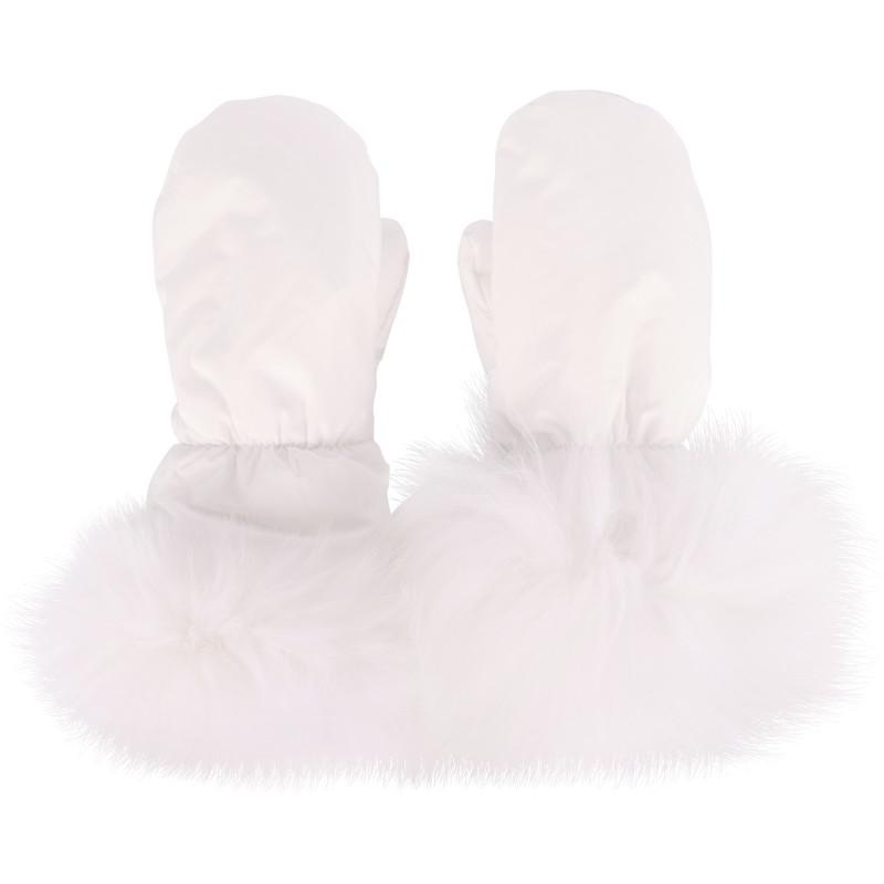 Yves Salomon Fur detailing down padded mittens set in white and pale pink
