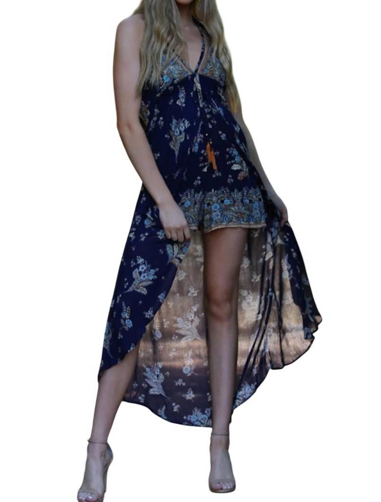 Angie Spaghetti Strap Halter Maxi Romper In Blue