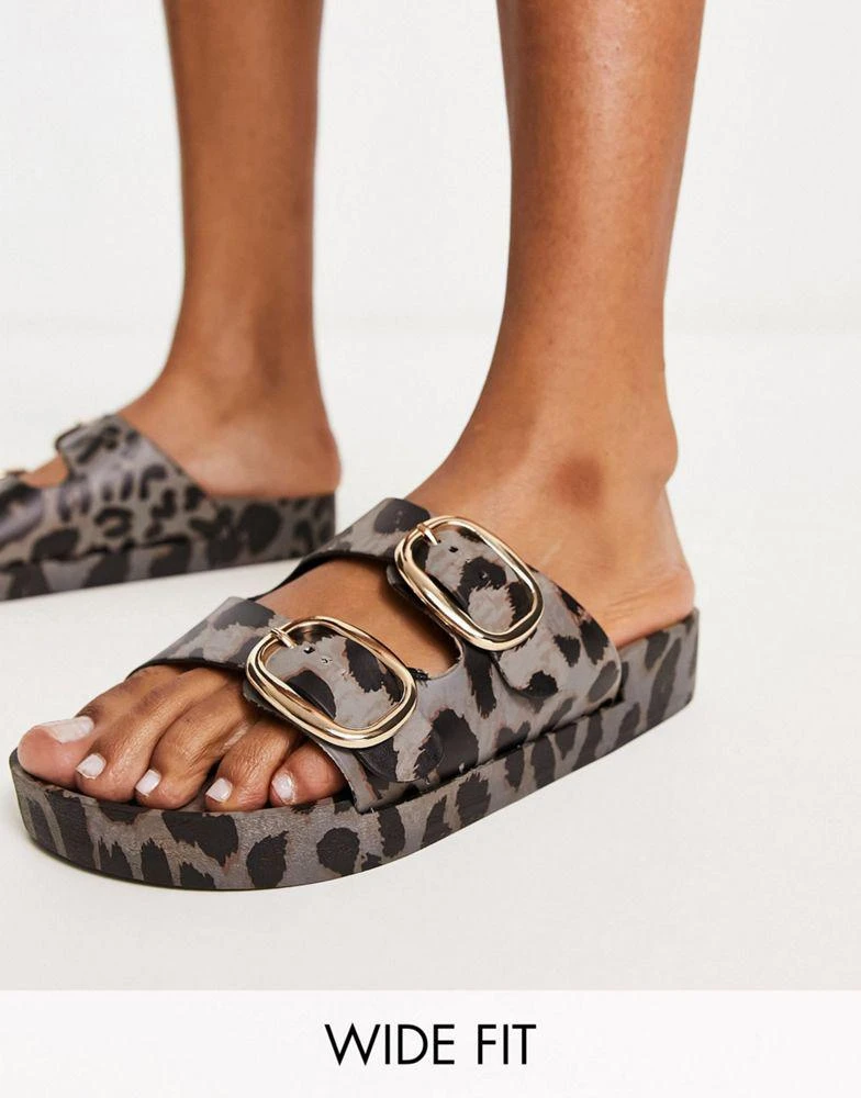 London Rebel Leather Wide Fit London Rebel Wide Fit double buckle footbed sandals in leopard 1