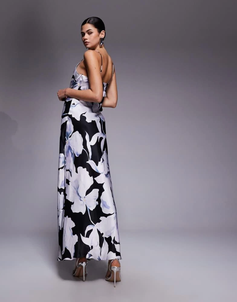 Forever New Forever New satin scoop neck cami slip maxi dress in blue floral 3